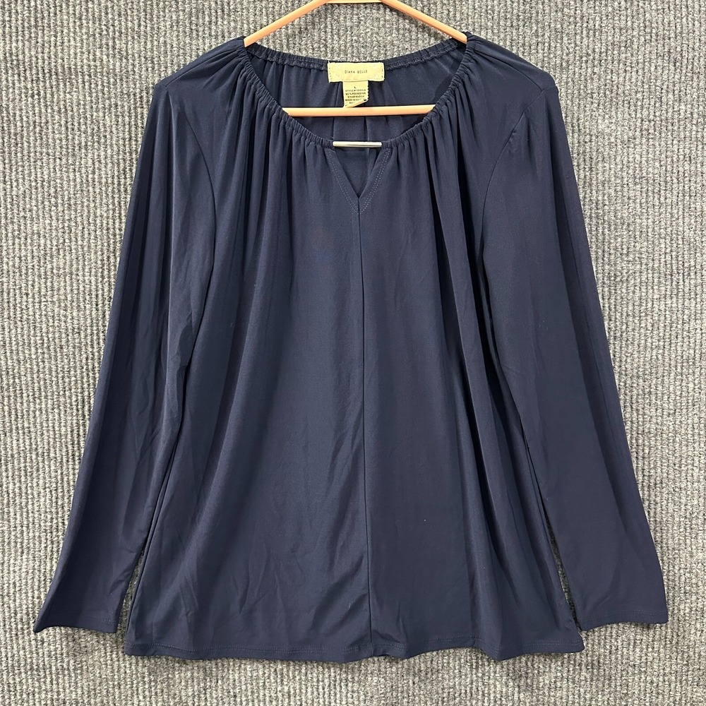 Diana Belle Womens‎ Blouse Size Large Blue V Neck Keyhole Long Sleeve Stretch